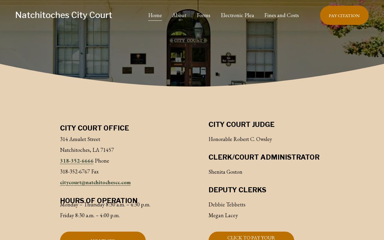 Natchitoches Parish municipal court warrant records: City Court building and contact page