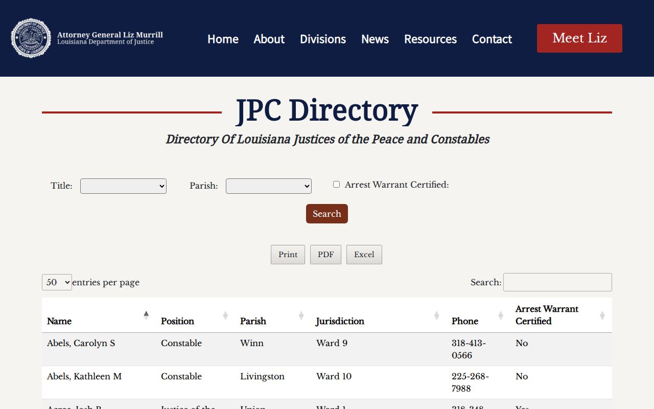 Natchitoches Parish municipal court warrant records: state justice court directory search and ward rows