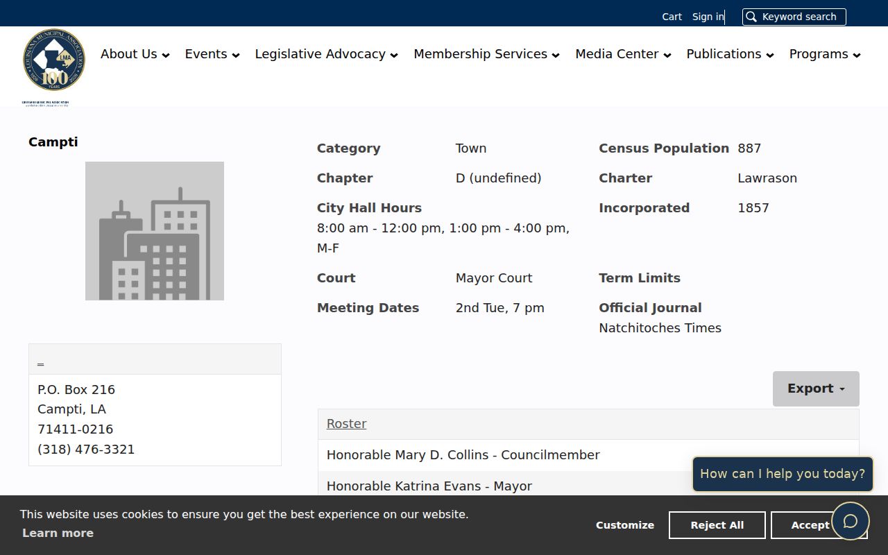 Campti warrant records: municipal contact and mayor's court directory page