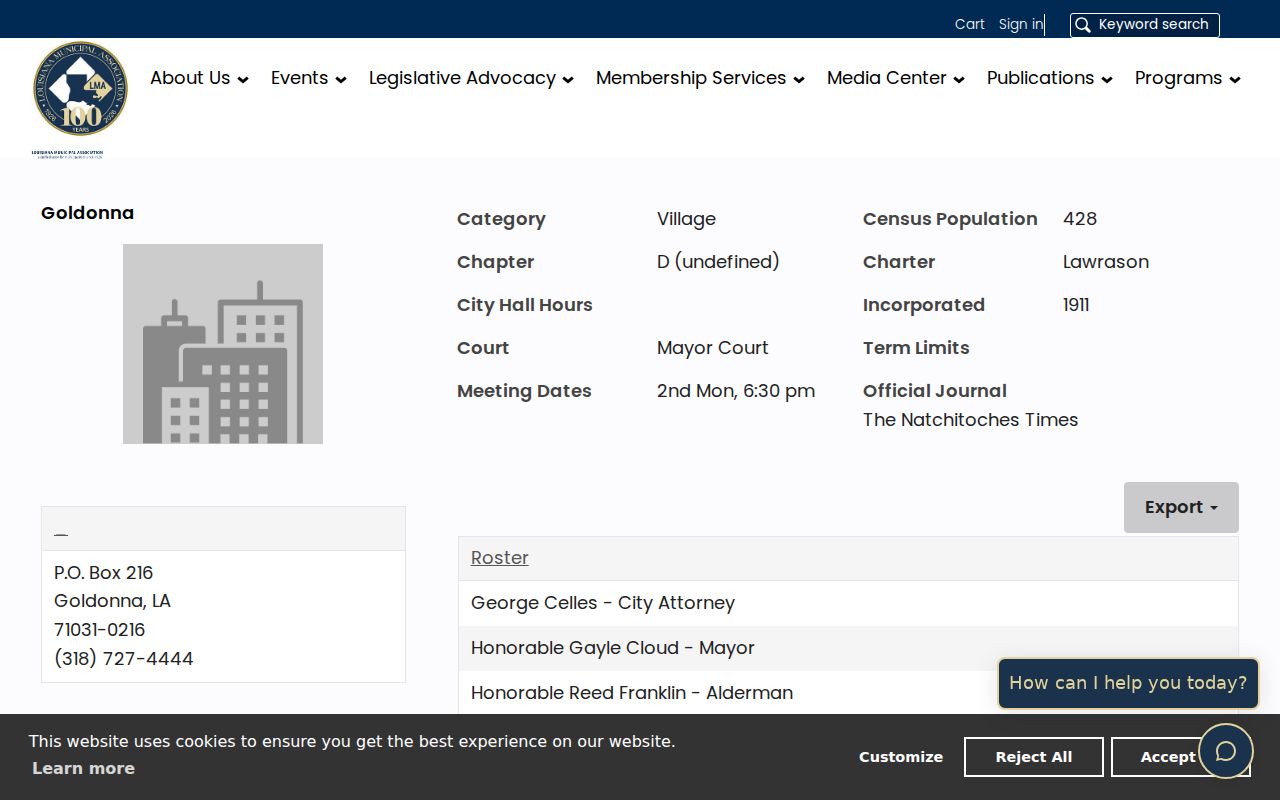 Goldonna warrant records: municipal contact and mayor's court directory page