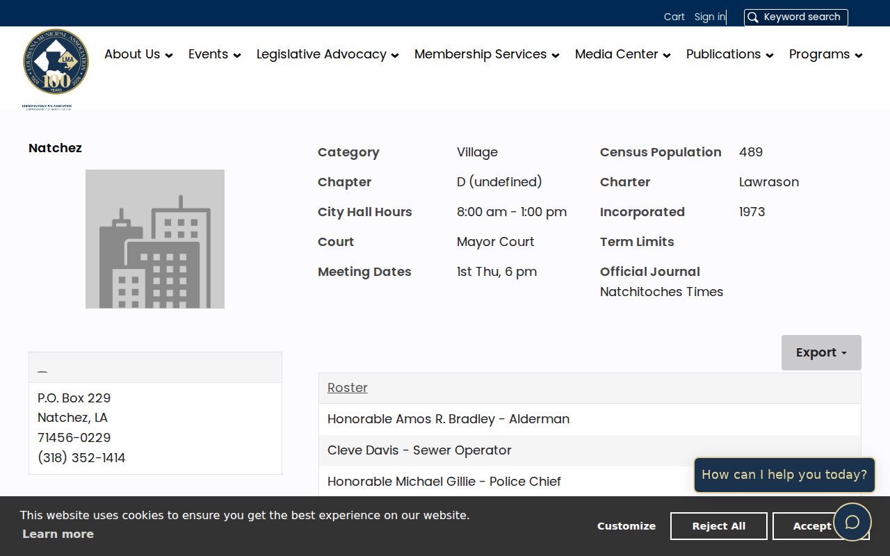 Natchez Louisiana warrant records: municipal contact and mayor's court directory page