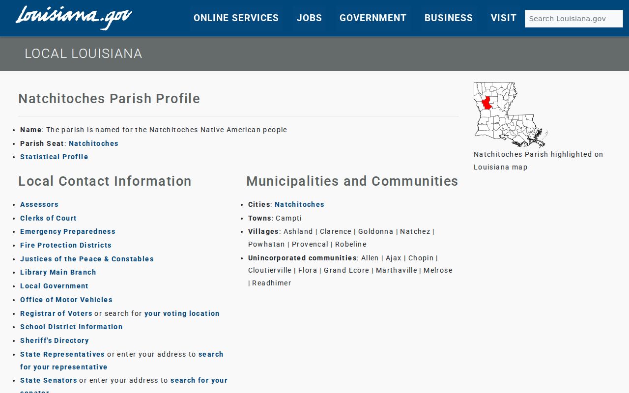 Natchitoches Parish warrant records: official parish seat and municipality list